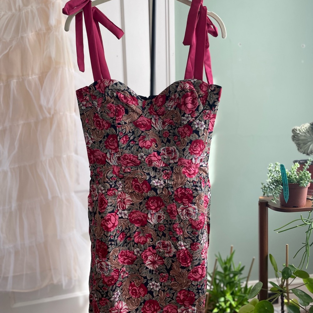 Floral Pink Mini Dress with Bow Straps